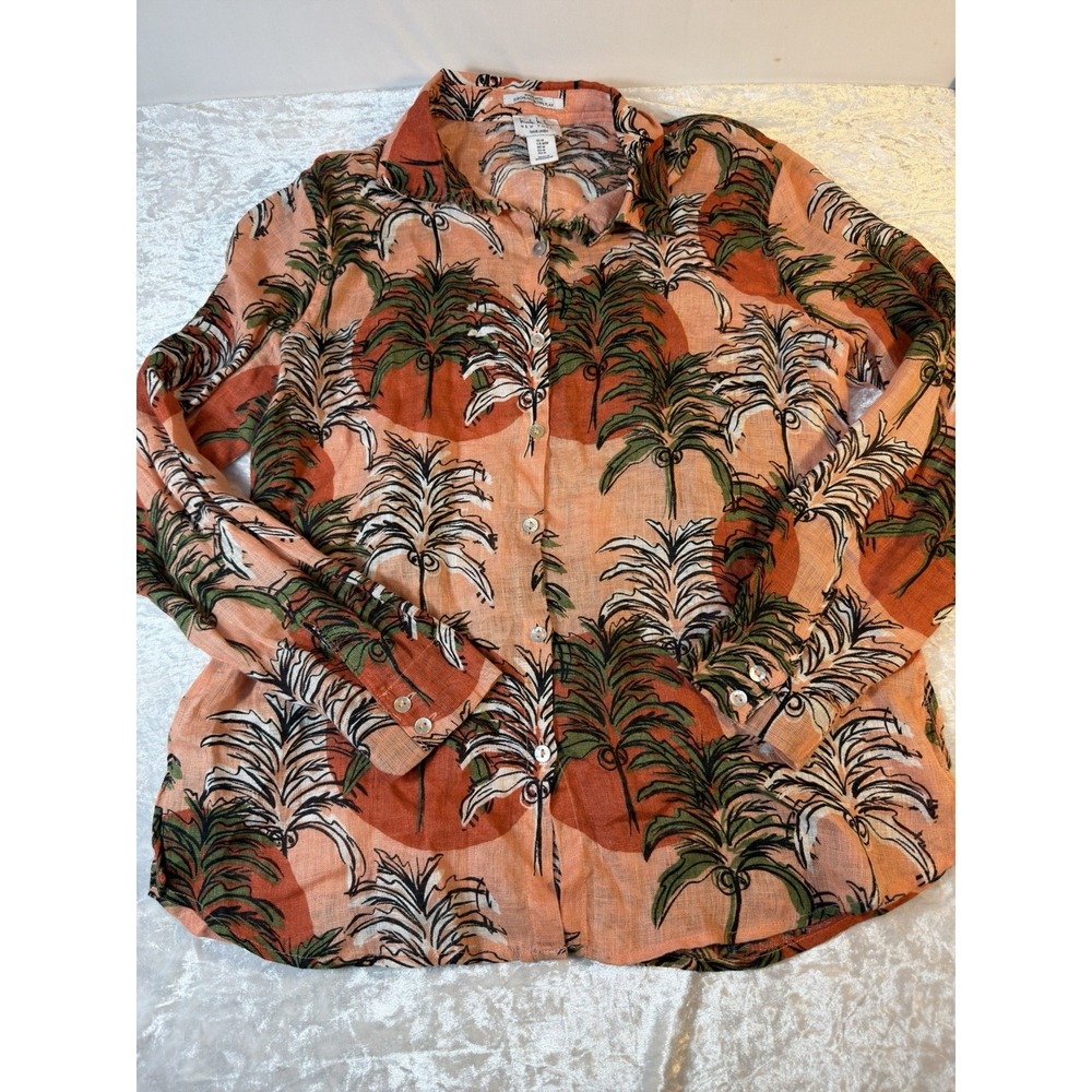 Nicole Miller New York Shirt Women M Linen Palm Tree Tropical Button Up Boho